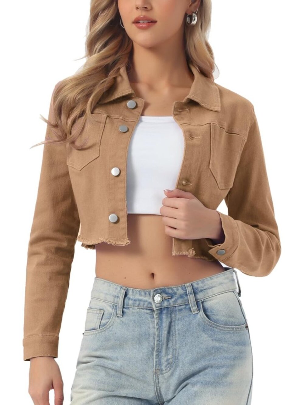 Women's Camel Cropped Frayed Hem Turndown Collar Button Up Trendy Denim Jacket